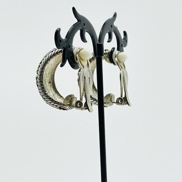 Chunky Oxidized Hoop Earrings Silver Tone Clip On Classic Career Cosplay LARP - Picture 8 of 10